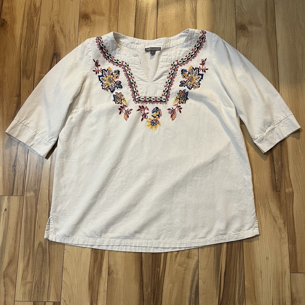Women's Linen Blend Top Sz 16W Embroidered Boho Hippie Festival Summer White